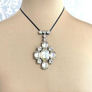 necklace pendant faux crystals stones cross religious vintage handmade 54" cord